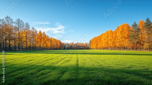 Scenic autumn view showcasing a vacant green forest.