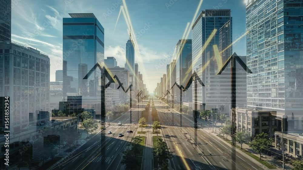Fading arrows growing golden, showing traffic flow across sunlit boulevard with towers and vehicles