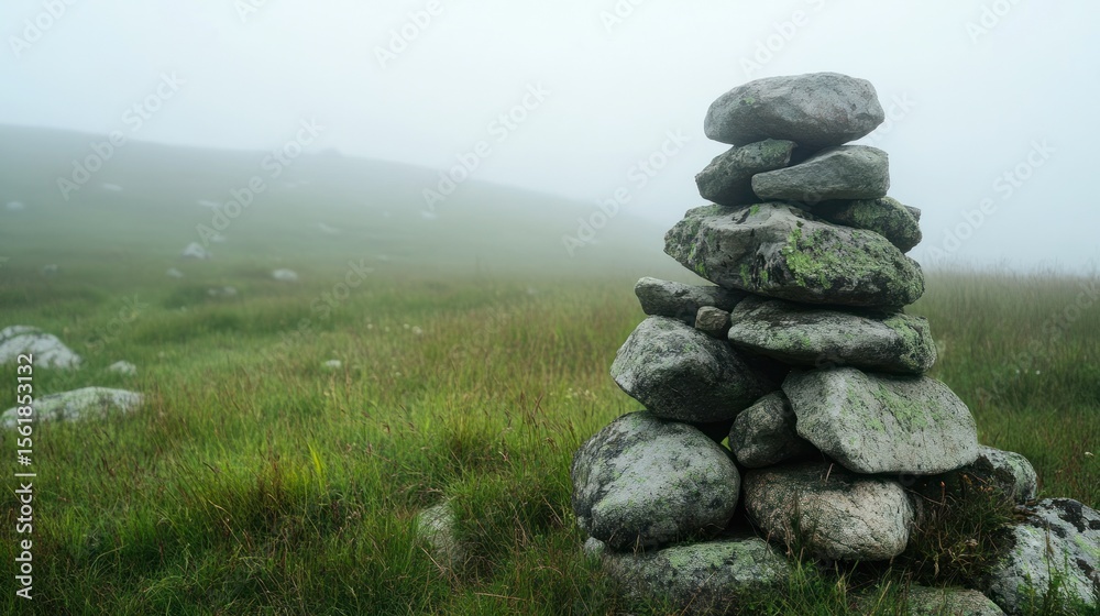 Stone cairn on foggy mountain meadow. Stone cairn on foggy mountain meadow.