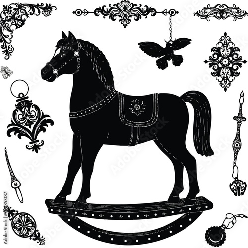 Classic black toy horse with Victorian details and decorative parts laid around, silhouette vector style Adobe Illustrator Artwork
