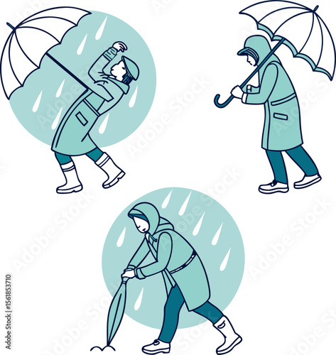 Three illustrations of people in raincoats and boots struggling with umbrellas in the rain depicting different weather conditions