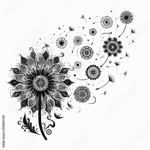 Intricate Black and White Mandala Floral Design with Flowing Elements
