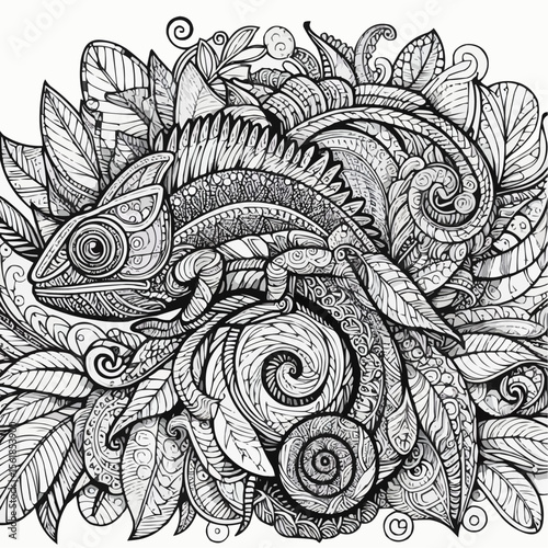 Intricate coloring page illustration of a chameleon among swirling leaves and patterns

