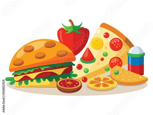 Delicious cartoon fast food burger pizza strawberry orange slice drink isolated on white background
