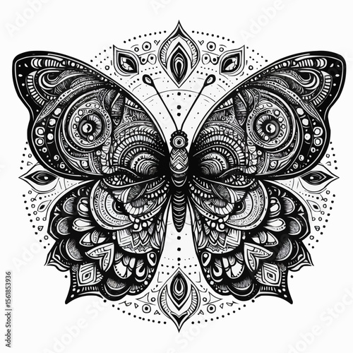 Stylized vector illustration of a detailed butterfly with intricate patterns and mandala elements

