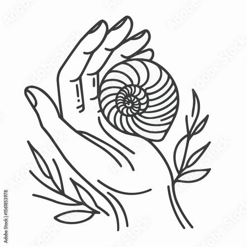 Stylized hand holding a nautilus shell surrounded by leaves