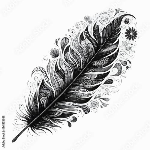 Intricate feather illustration with decorative patterns 