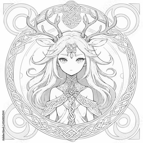 Enigmatic woman with antlers and Celtic patterns in a circular design for coloring
