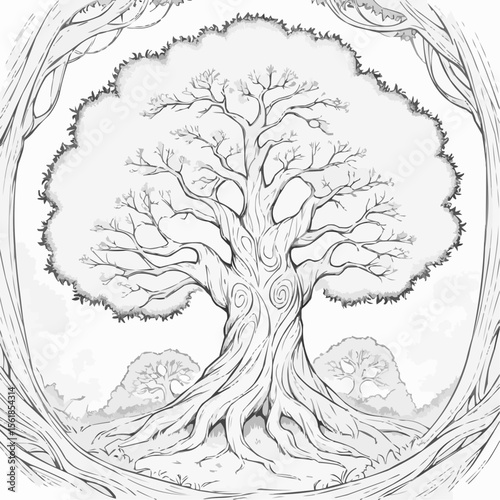 Majestic tree illustration surrounded by decorative branches, black and white coloring page