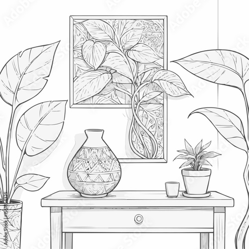 Cozy interior illustration with plants and decorative items, black and white coloring page
