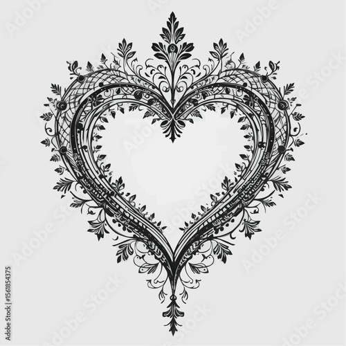 Ornate heart illustration with floral patterns, black and white vector art