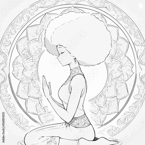 Meditative woman with afro hairstyle in front of a mandala, black and white coloring page
