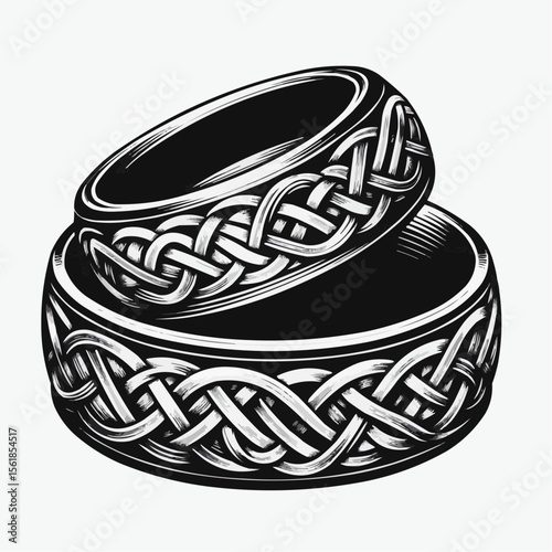 Celtic knot wedding rings design in black and white, symbolizing love and eternity