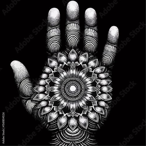 Intricate mandala design on a hand with black background, symbolizing spirituality and art