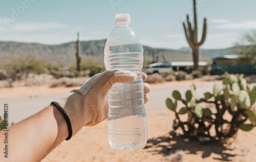 A hand holding a bottle of water