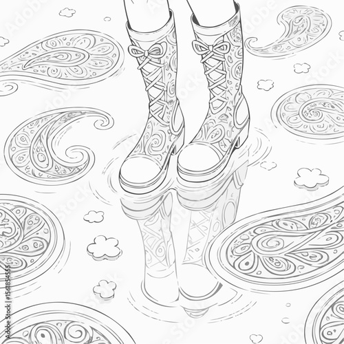 Stylish boots reflected in a puddle with paisley patterns in black and white illustration
