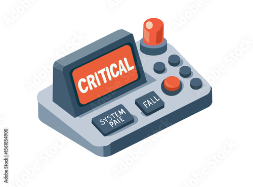 Vector illustration of a critical system control panel with warning buttons and indicators, including ‘CRITICAL,’ ‘SYSTEM FAIL,’ and ‘FALL’ labels