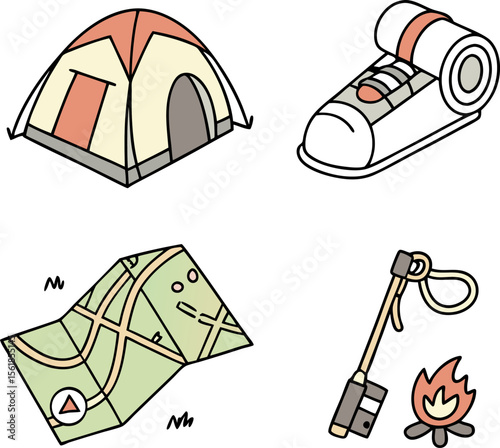 A collection of hand drawn camping icons including a tent sleeping bag map lighter and campfire perfect for outdoor adventure themes