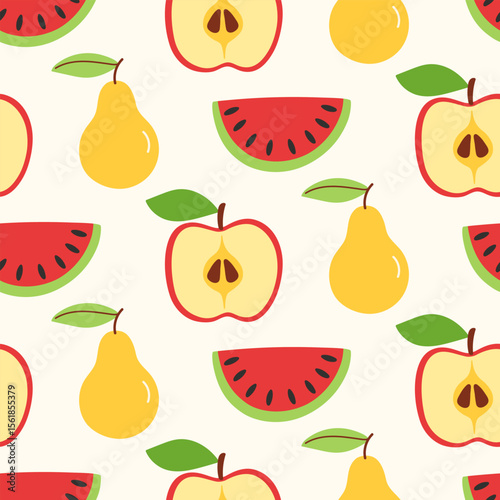 Apple, pear, watermelon fruits seamless pattern