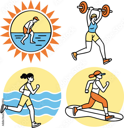 Four diverse individuals engage in various outdoor summer activities including swimming weightlifting beach running and paddleboarding all under a bright sun