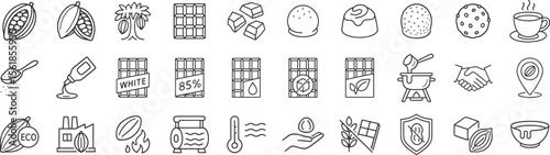 Chocolate production and dessert line icon set. Includes cocoa beans, truffle, chocolate types, roasting, factory, ingredients, processes and allergy-friendly symbols vector illustration.