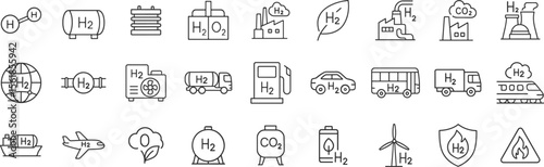 Hydrogen energy and clean fuel technology line icon set. Includes H2 storage, transportation, refueling, zero emissions, production types, vehicles and safety infrastructure vector illustration.