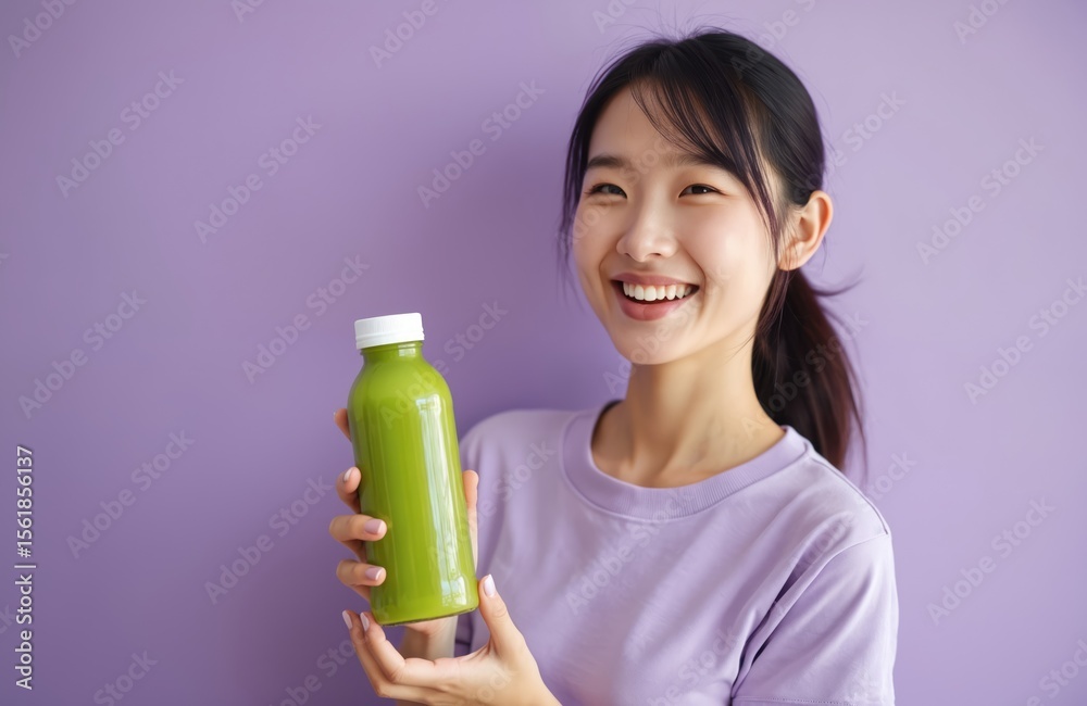 Attractive young Asian woman holds bottle green juice. Smiling girl shows fresh drink, healthy lifestyle concept. Happy female advertises organic beverage product on purple background. Attractive young Asian woman holds bottle green juice. Smiling girl shows fresh drink, healthy lifestyle concept. Happy female advertises organic beverage product on purple background.