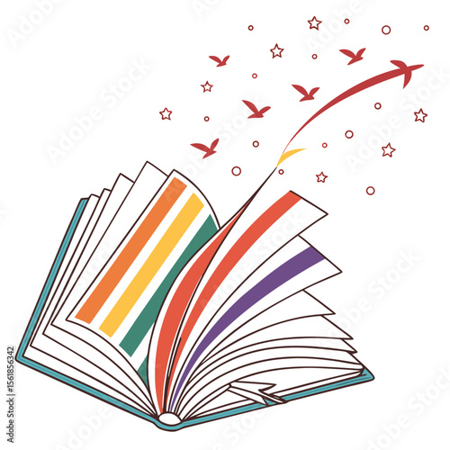 a colorful abstract book with pages flying out, intricate, detailed, vibrant colors, geometric patterns, dynamic movement, whimsical, digital art
