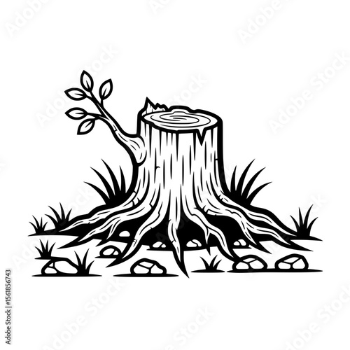Detailed illustration of a freshly cut tree stump, with visible roots and a small sprout beginning to grow from the side.