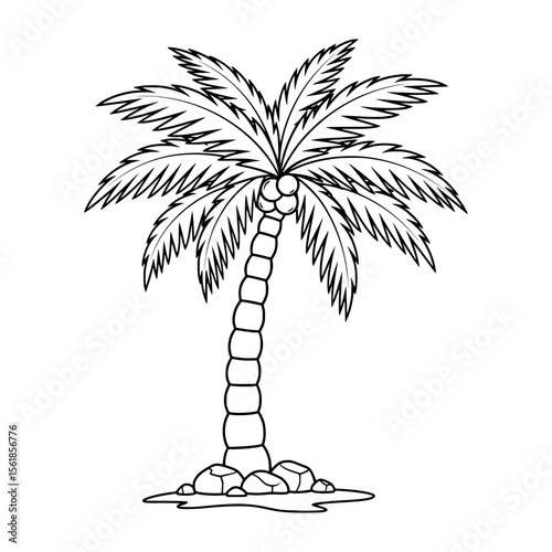Vector outline of a palm tree standing on a small mound with pebbles. 
