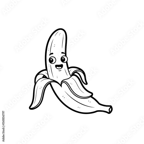 Vector outline of a partially peeled banana, featuring a happy facial expression. 