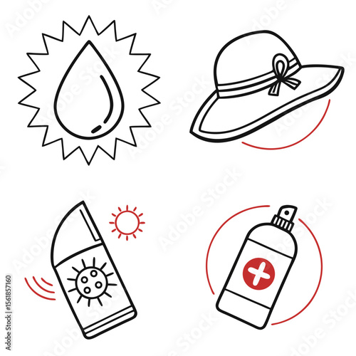 Collection of simple line art icons representing sun protection and summer safety including a sun with a water drop a wide brimmed hat sunscreen bottle and a spray bottle with a medical cross