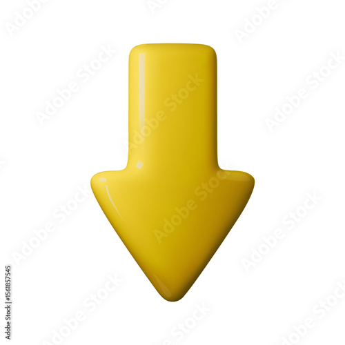 Bright yellow 3D downward arrow vector illustration, perfect for download icons, direction signs, or user interface elements. Vibrant and eye-catching, suitable for web and app design.