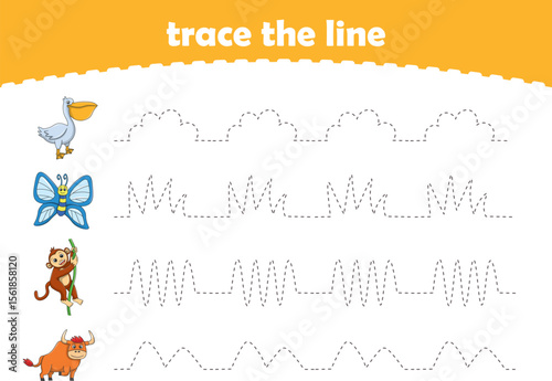 Handwriting Practice. Tracing lines for kids with animals. Vector Illustration