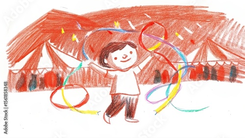 A child plays with ribbons in front of circus tents in a crayon drawing style