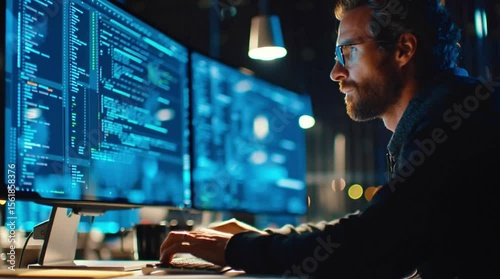 Software developer working late at night in modern office. Orbit shot. 4K.  
