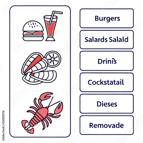 A stylized illustration of a menu featuring a burger and drink oysters with lemon and a lobster alongside text labels for food and beverage categories