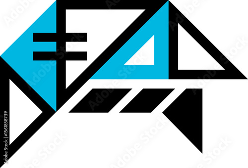 Black and blue abstract, flat geometric design.