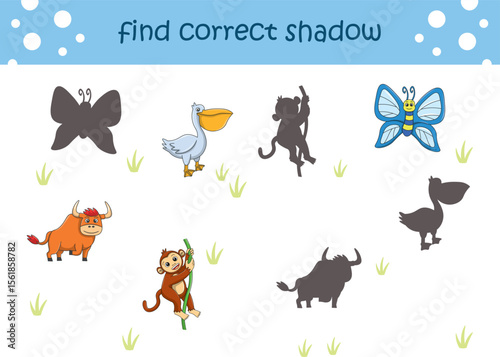 Funny cartoon wild life. Find the correct shadow. Kids Education games. Cartoon vector illustration