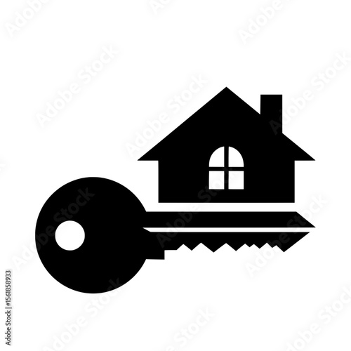Minimalist vector logo illustration combining the shape of a key with a house silhouette on its teeth, presented in black. 
