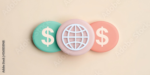 Financial icons representing global currency and commerce.
