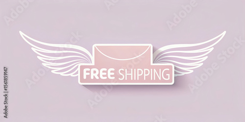 Free shipping label with wings on a pastel background.