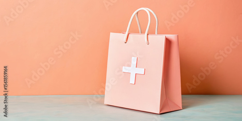 Pink shopping bag with a white cross design on a colorful background.
