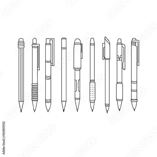 Black and white illustration of various pens and pencils