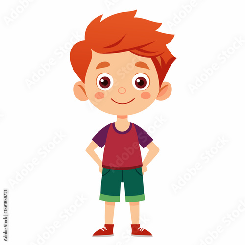 happy redhead boy, red hair boy, ginger boy, smiling boy, joyful child, cheerful boy, full body boy, full-length boy, standing boy, cartoon boy, child character, redhead kid, white background, flat de