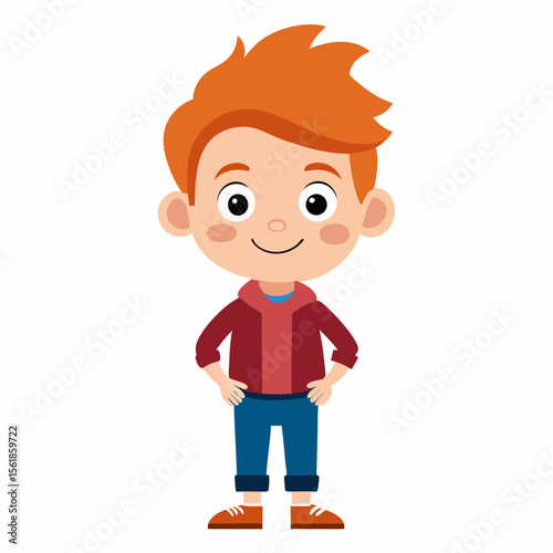 happy redhead boy, red hair boy, ginger boy, smiling boy, joyful child, cheerful boy, full body boy, full-length boy, standing boy, cartoon boy, child character, redhead kid, white background, flat de