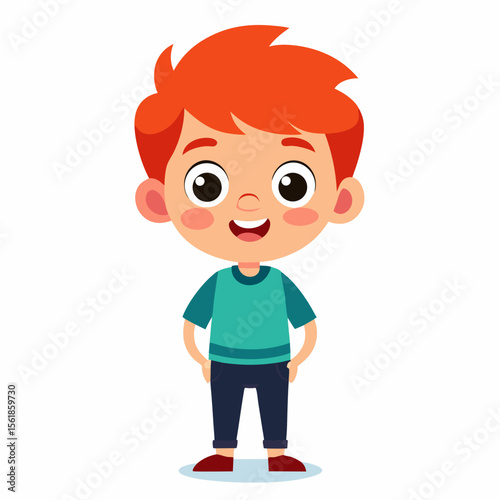 happy redhead boy, red hair boy, ginger boy, smiling boy, joyful child, cheerful boy, full body boy, full-length boy, standing boy, cartoon boy, child character, redhead kid, white background, flat de