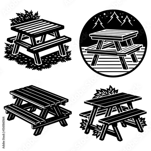 Four stylized picnic tables in black and white with various backgrounds and foliage elements shown