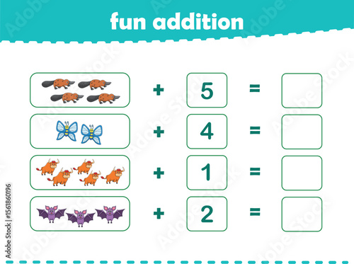 Game for children fun addition by counting cute wild animals pictures printable worksheet vector