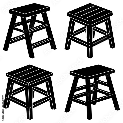 Four black stools with varying seat designs arranged in a square pattern on a white background space